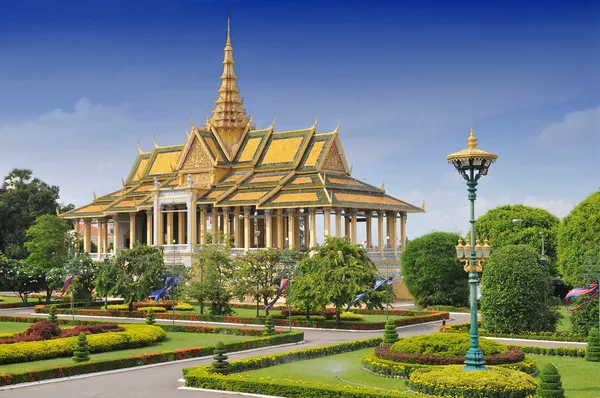 Traditional Cambodian palace with landscaped gardens.